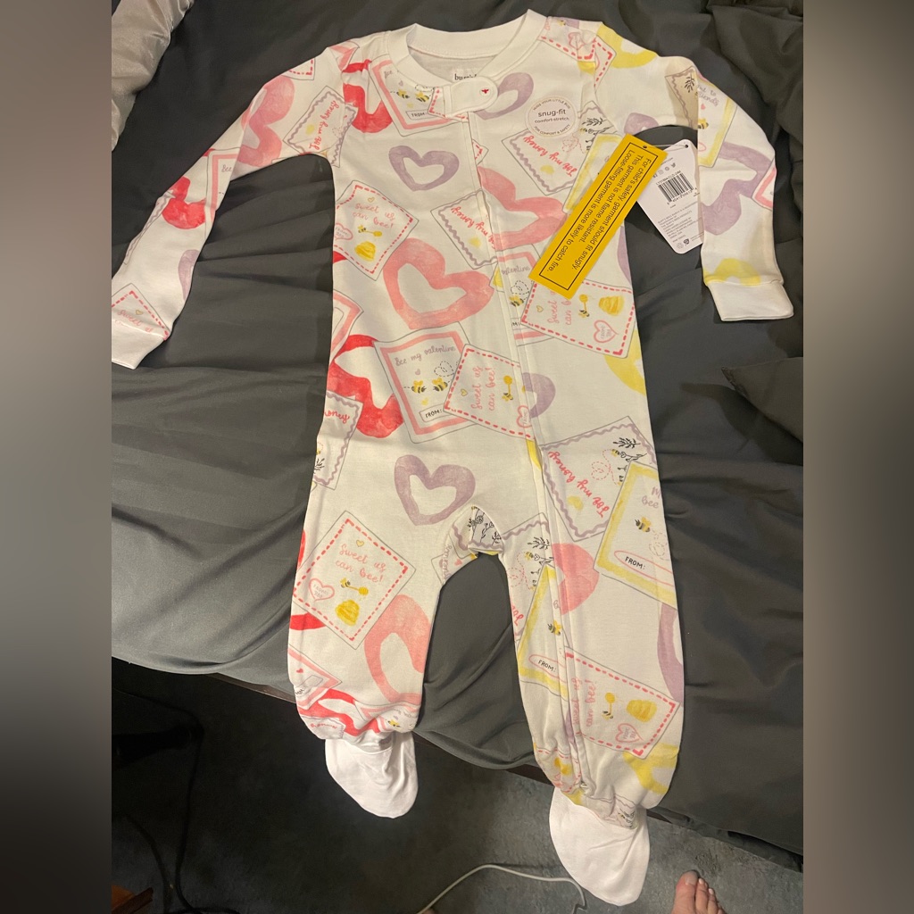 Berts Bees Heart Print Kids One Piece Double Zip Pajamas Brand New